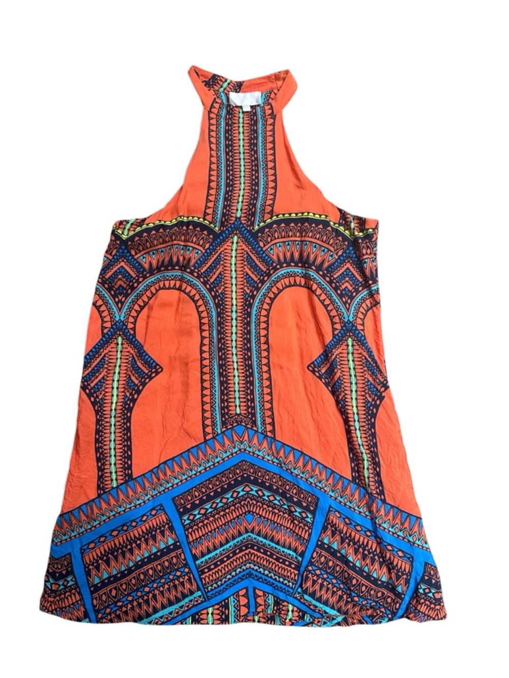 Alexis Orange Tribal Print Halter Mini Dress Size L Boho Resort - Picture 2 of 4